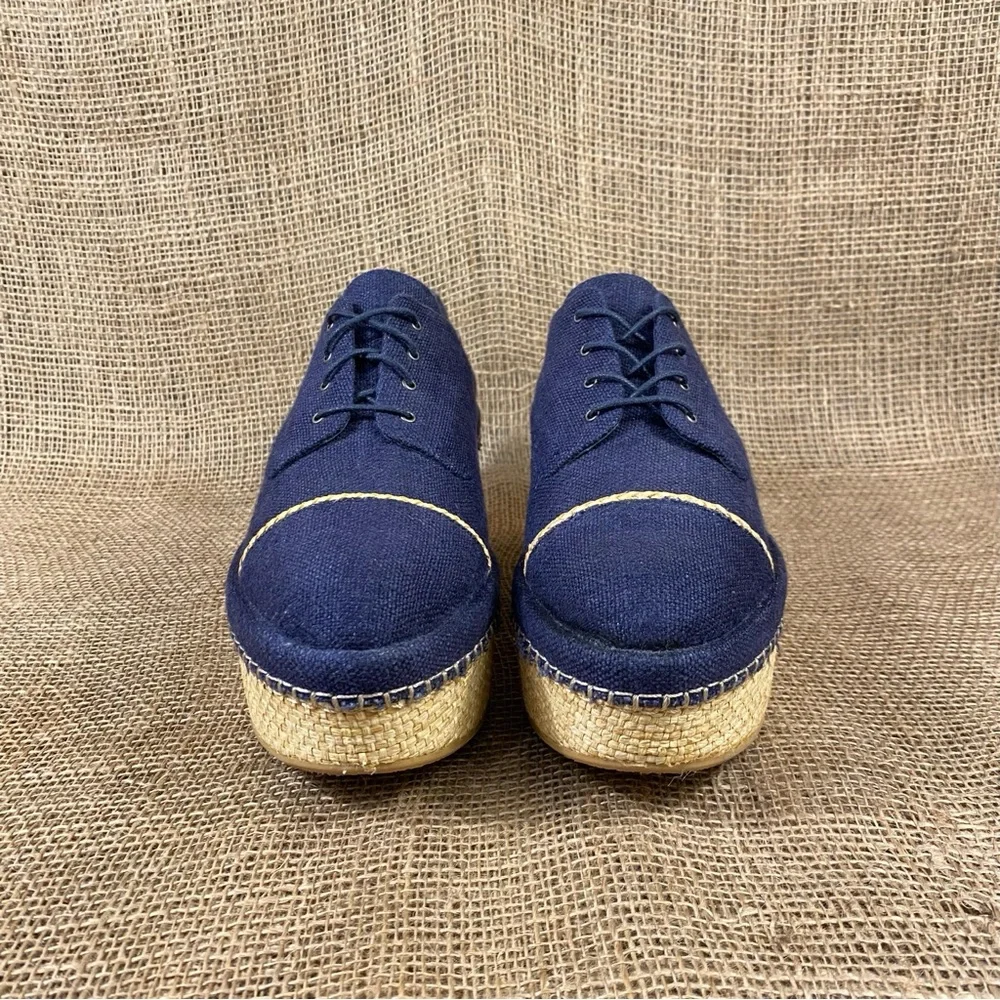 Stuart Weitzman Navy Blue Canvas Platform Espadrille Lace Up Oxford Shoes Size 9